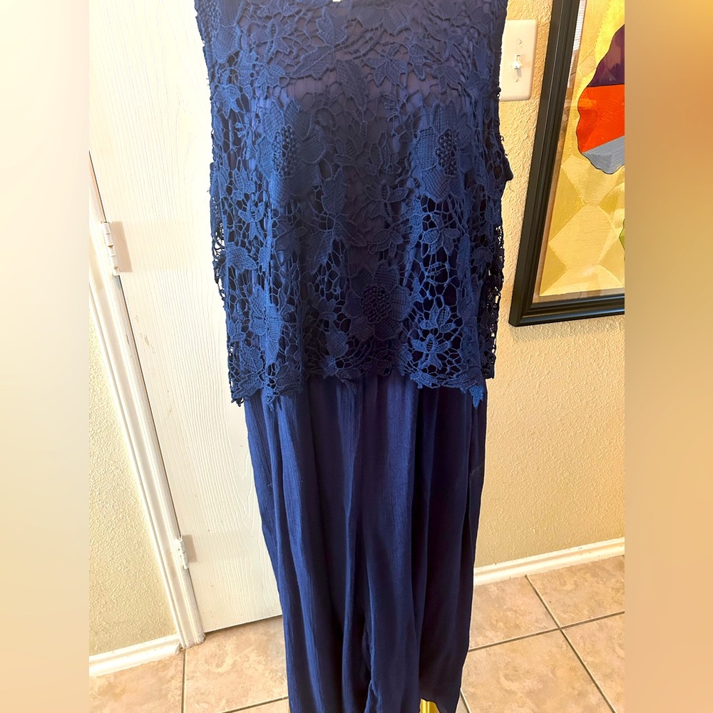 Navy blue sleeveless lace top jumpsuit